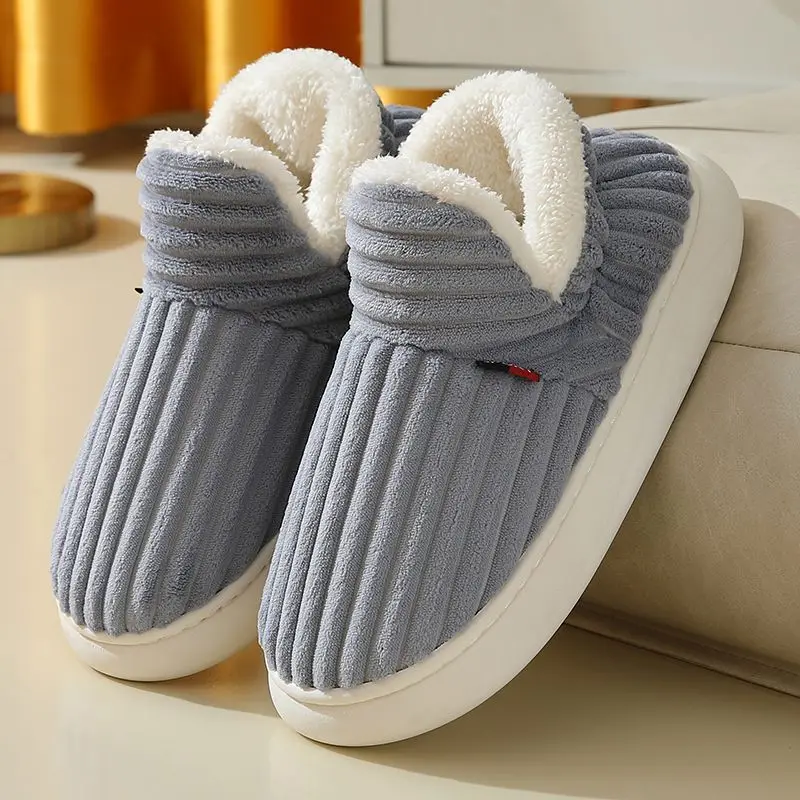 

Men's Autumn Winter Wrap Heel Warm Plush Indoor Slippers Couple Platform Cotton Shoes Male Furry House Slippers Unisex Home Shoe