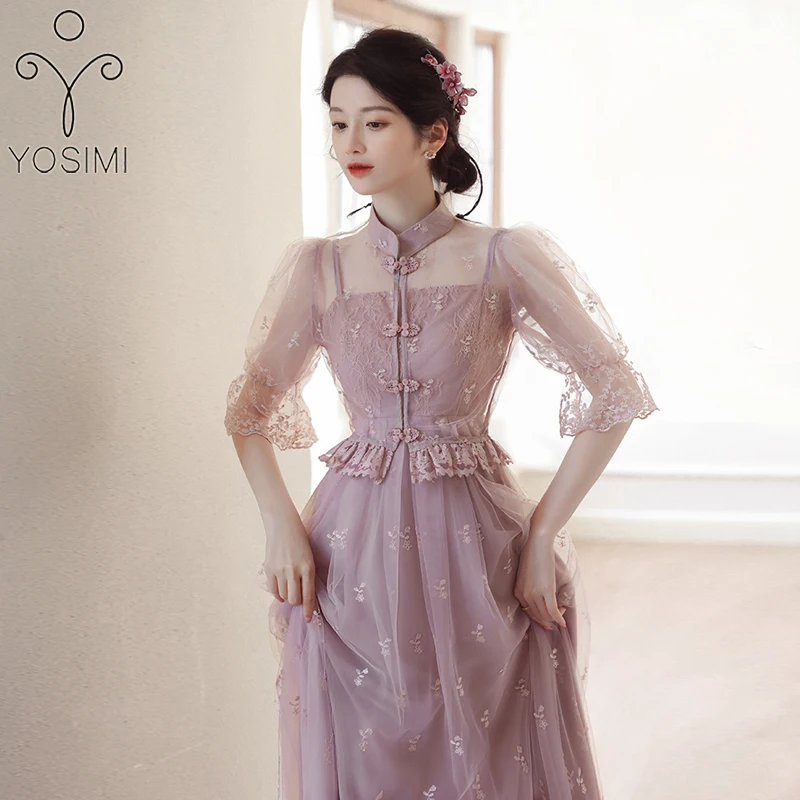 

YOSIMI 2022 Summer Purple Lace Women Dress Elegant Improved Cheongsam Mid-Calf A-line Half Sleeve Dress Elegant 2 Piece Set Suit