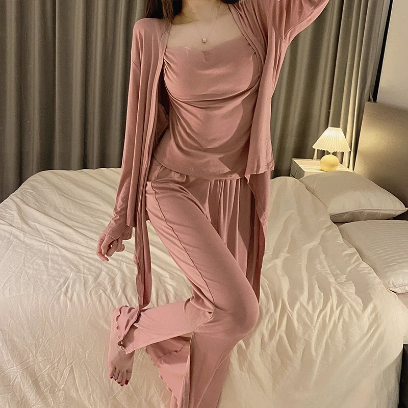 Pajamas Woman 4/3 Pcs Sexy Sleepwear Lingerie Set With Chest Pad Modal Pyjamamas Long Sleeve Pure Cotton Home Negligee Homewear