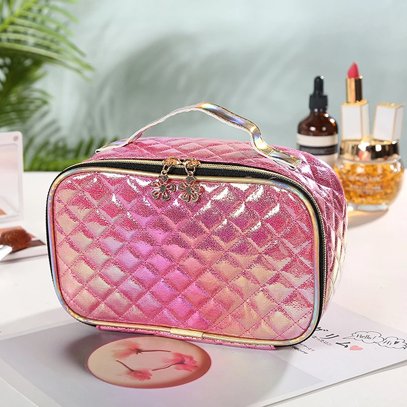 

New pu women cosmetic bag Travel personality laser plaid storage bag Large capacity wash bag make up case