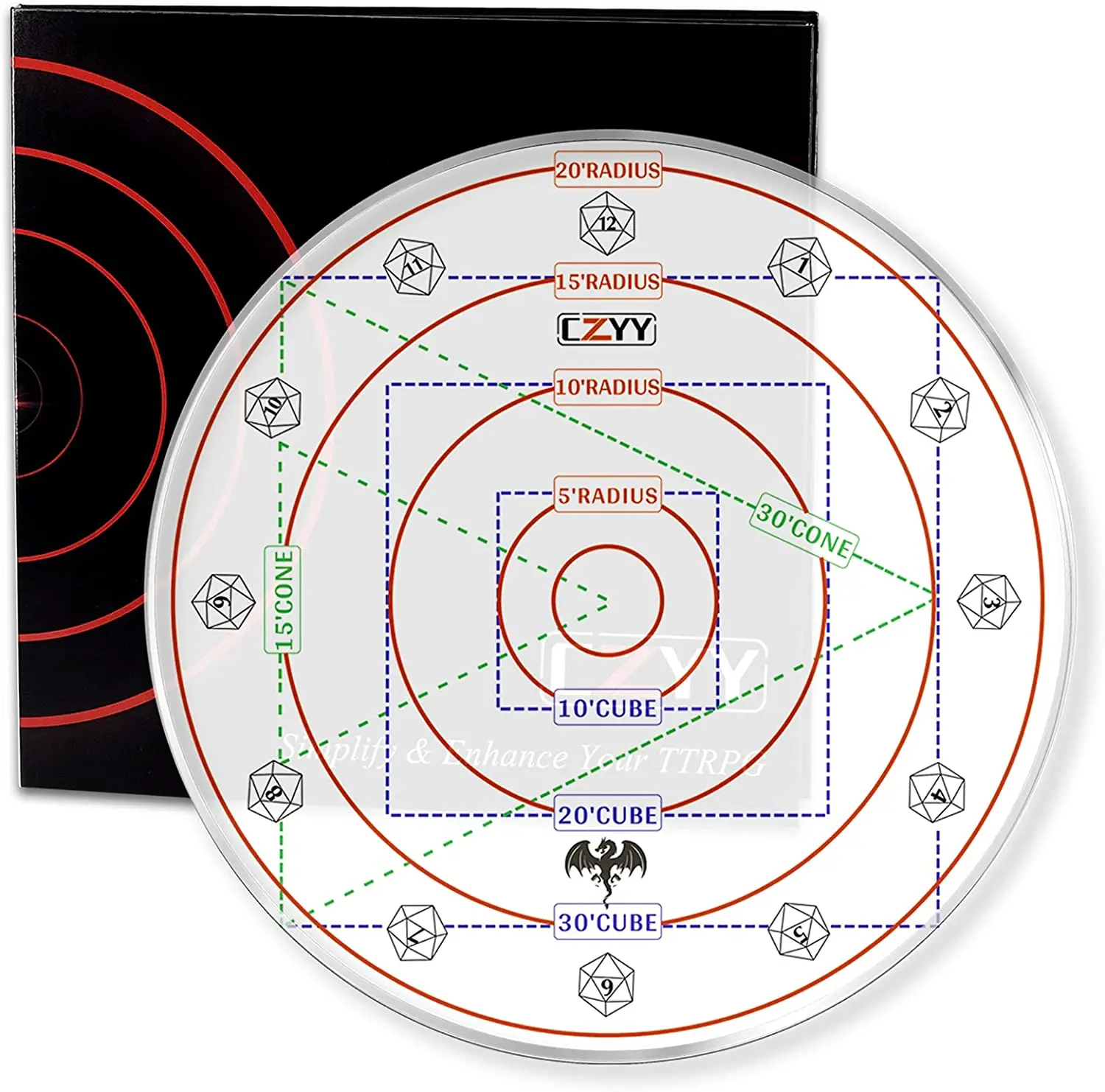 

Spell Effect Templates for D&D Maximize The Effects of Your Spells - Featuring A 30' Cone & 30' Cube Random Direction Generator