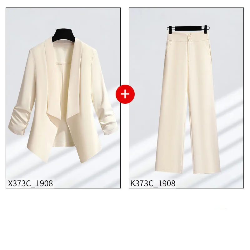 Korean Style Slim Fitting Thin Jacket Blazer Casual Wide Leg Pants Two-piece Elegant Women's Pants Set Summer Office Outfits