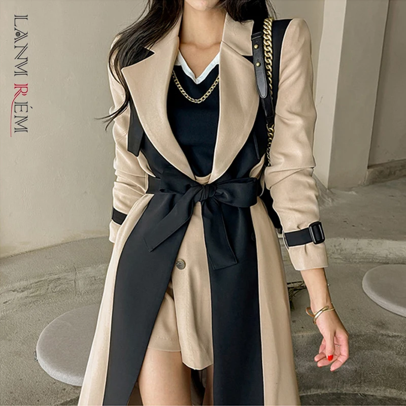 

LANMREM Elegant Notched Collar Lady Patchwork Windbreaker Full Sleeve Buttons Belted Women Long Trench Coats 2023 Winter 2W1922