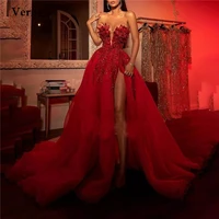 verngo gorgeous red long prom dresses sweetheart shiny sequins lace high split tulle evening gowns women formal pageant dress