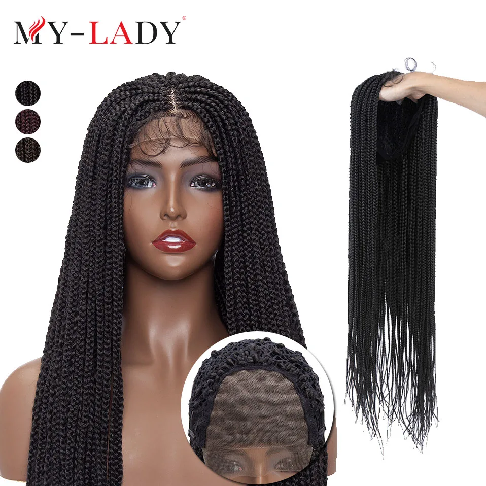 My-Lady Synthetic 32inches Box Braids Black Long Straight With Baby Hair For Woman Female Afro Lace Front Wig Frontal Braid Hair