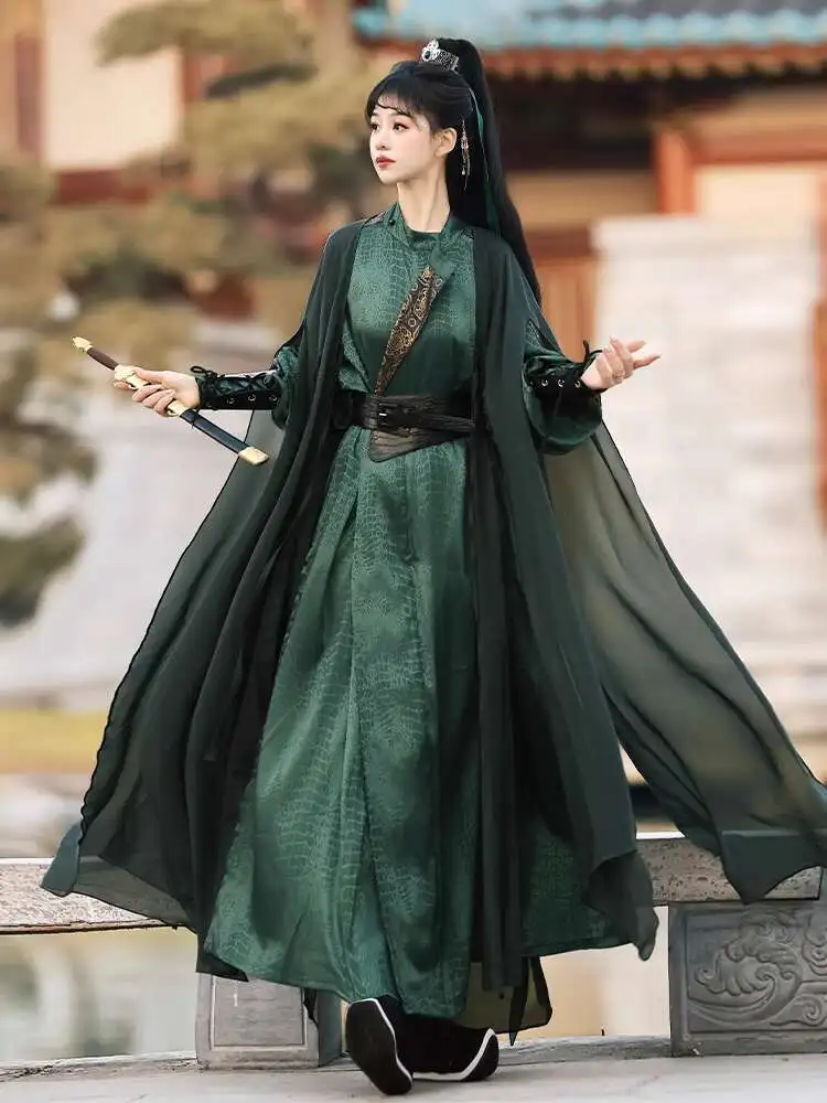 Фото Новинка 2025 года, халат Hanfu Tang System с круглым вырезом, плащ Fairyism Guofeng, струящийся ежедневный плащ, браслет, косплей, пояс, зеленый №2