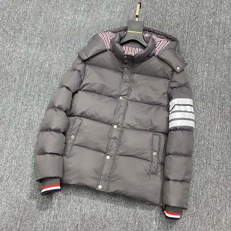 Winter Men's Down Jacket Grey Fashion Brand White Striepd Design Down Jacket Male Hooded Windbreaker Down Parkas Outerwear
