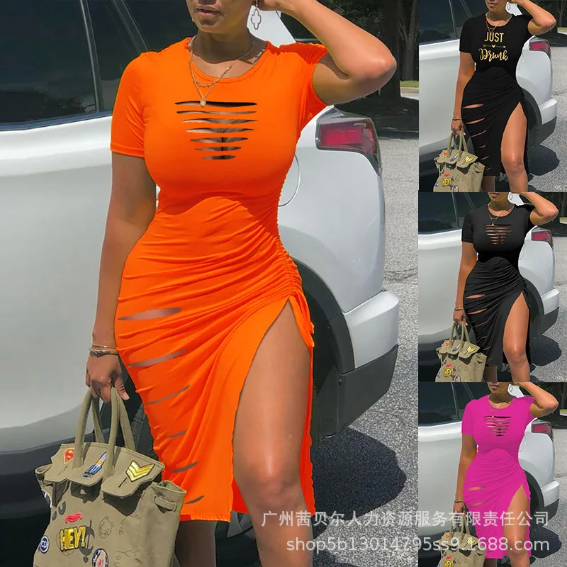 

Women Elegant Hole Bodycon Party Dress Casual Fashion Short Sleeve O Neck High Waist Corset Shrring Slit Slim Fit Dress