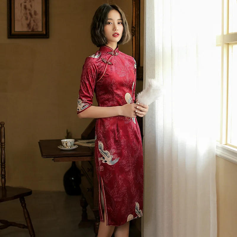 

Chinese Traditional Modern Cheongsam Dresses for Women Crane Printing Red Wedding Party Qipao Bodycon Sexy Bodycon Asian Dress