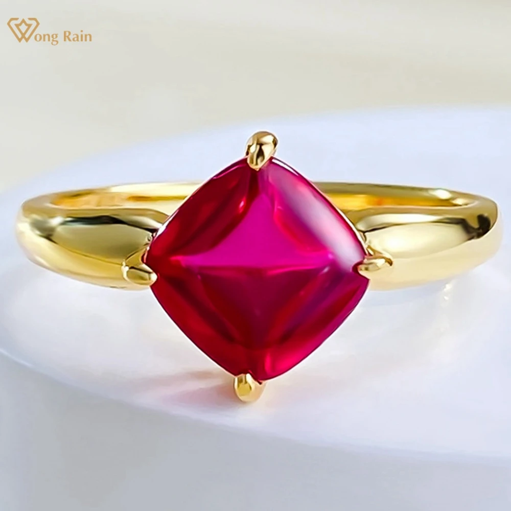 

Wong Rain 18K Gold Plated 925 Sterling Silver 7*7MM Ruby Gemstone Fine Ring for Women Wedding Party Jewelry Gifts Anniversary