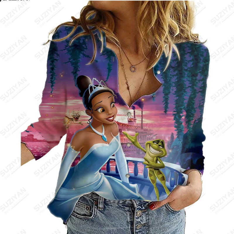

Hot Selling Disney Princess Women's Button Long Sleeve Shirt Temperament 3D Printing Street Sexy Casual Women's Chiffon Shirt