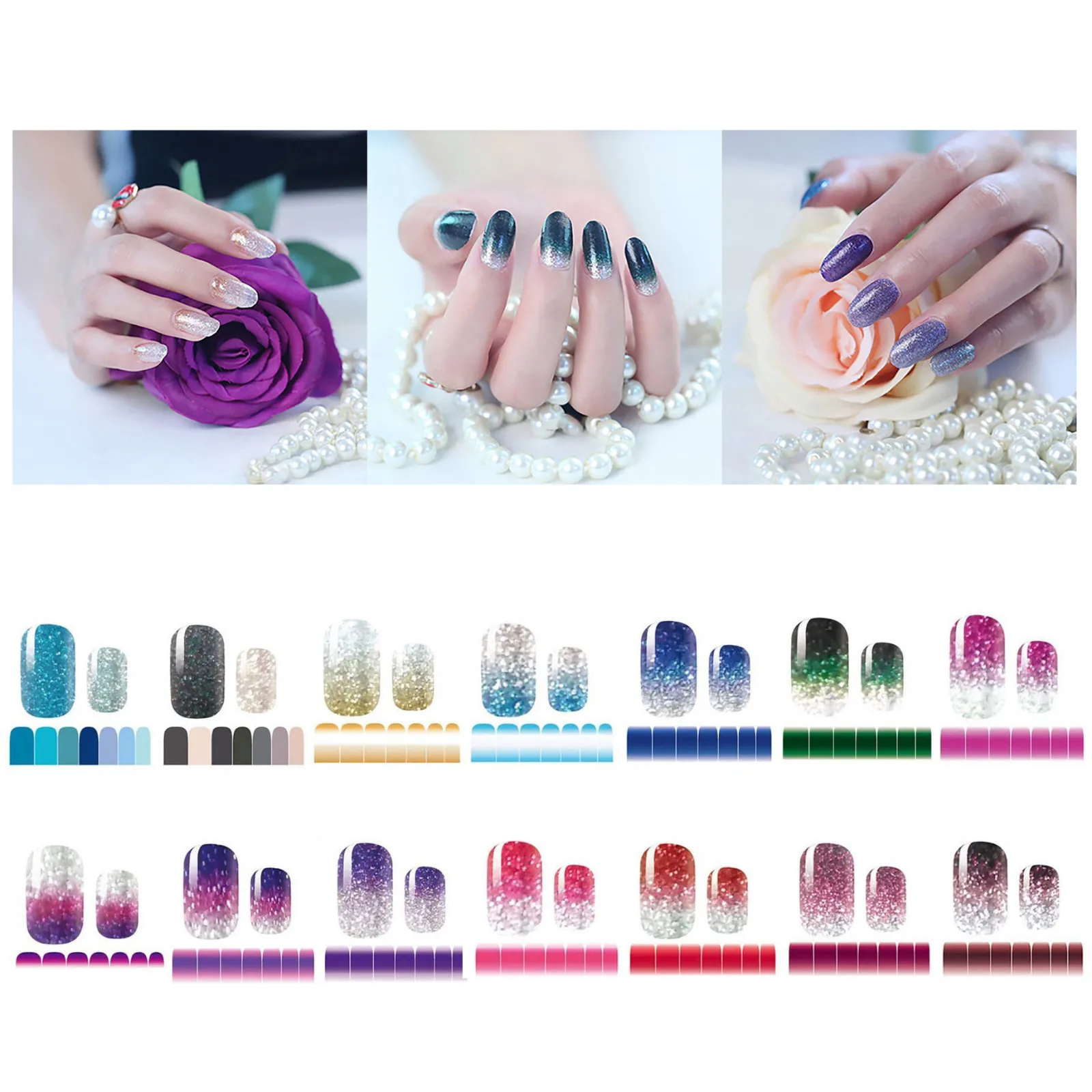 

Stickers Gradient Strips Stickers Sticker Sheets Polish Self-Ashesive Nail Decal Color Glitter Wraps Full Nail 14