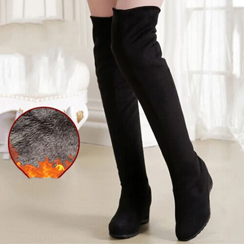 

Black Elastic Flock Slim Fit Over The Knee Boots Women 2022 Autumn Winter Sexy Ladies High Heel Wedges Long Thigh High Botas