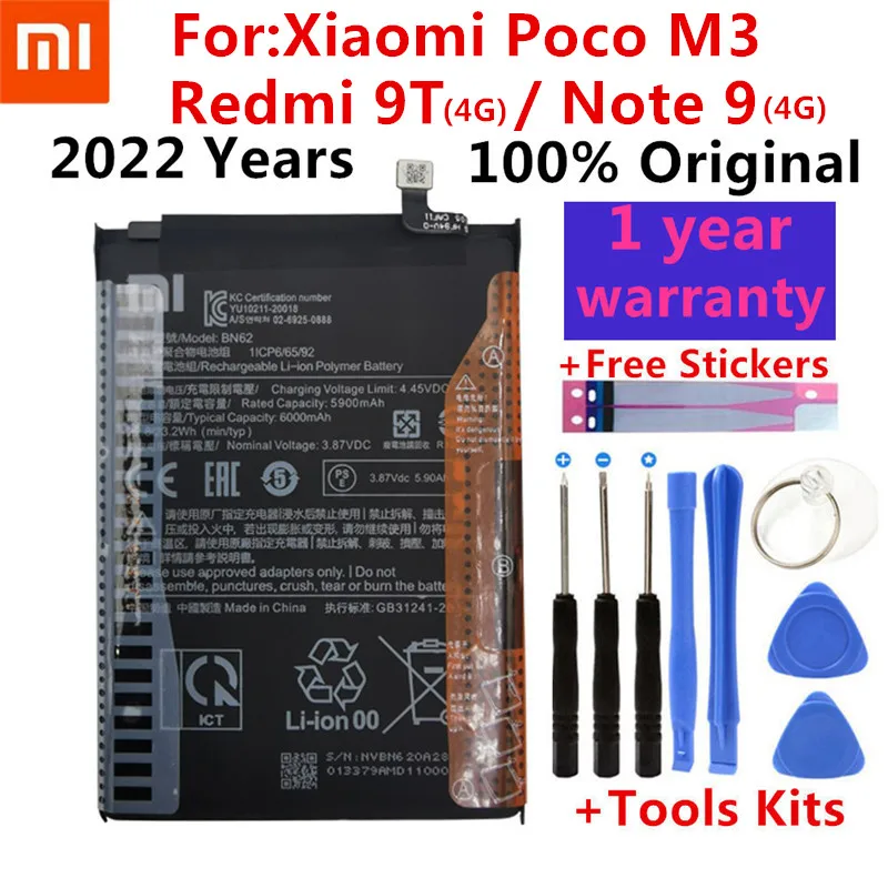 

Xiao Mi 100% Original New 6000mAh BN62 Battery For Xiaomi Pocophone Poco M3 For Redmi Note9 9T Battery Batteries With Tools