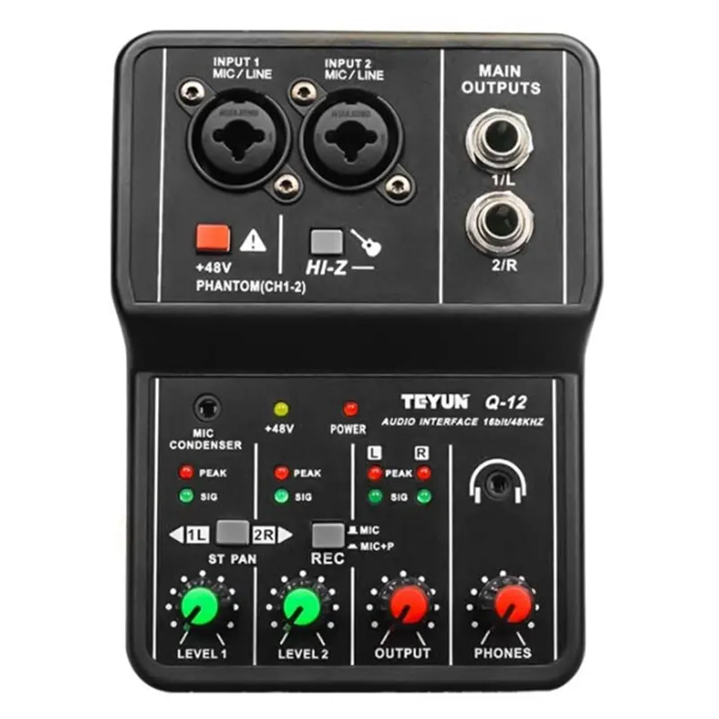 Q-12 Professional Portable Mixer Sound Card with Monitor Electric Guitar Live Broadcast Recording for Studio Singing Computer PC