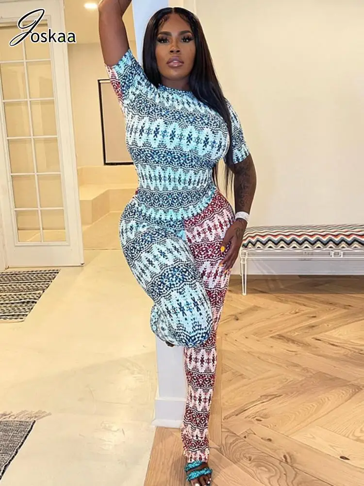 

Joskaa Aesthetic Print 2 Piece Set Women Sexy Short Sleeve T-Shirts and Micro-Flared Pants Matching Fall 2023 Fitness Tracksuits