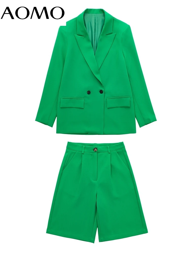 

AOMO Women Green Elegant Blazer Coat Vintage Notched Collar Pocket 2022 Fashion Female Chic Tops JE134A