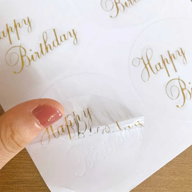 60pcs Round Transparent Design Happy Birthday Seal Stickers DIY Deco Gift Sticker waterproof Label big size for cake carton