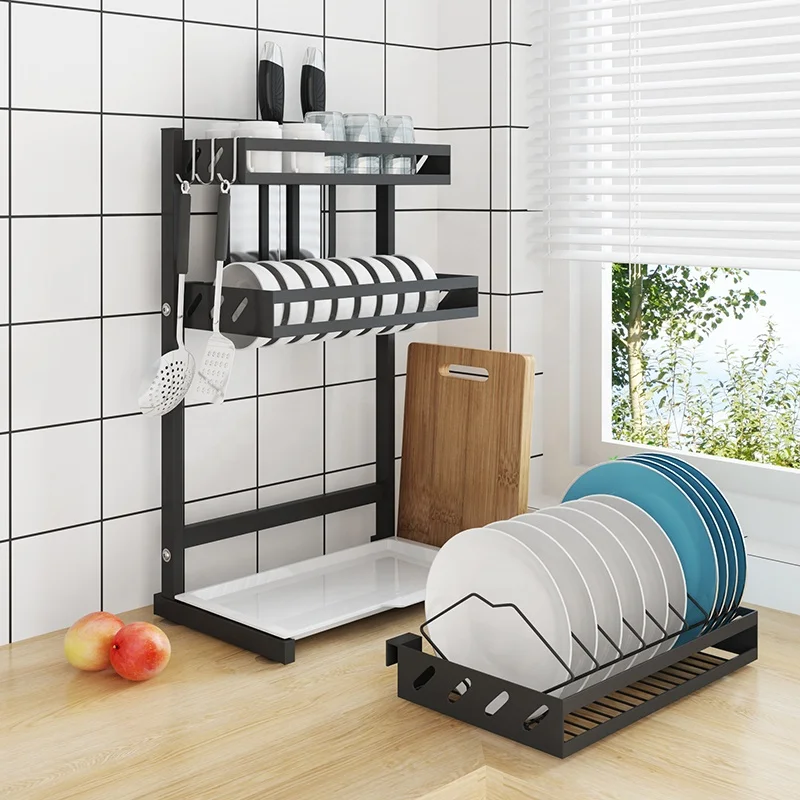 

Kitchen Stainless Steel Black 2/3 Tiers Removable Tabletop Dish Drain Rack