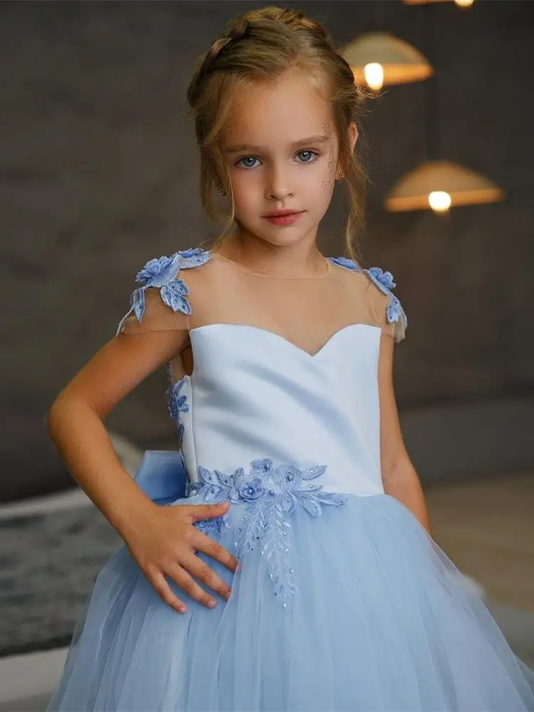 

Sky Blue Flower Girl Dresses O Neck Floor Length Tulle A Line Custom Made Bow Pearls Appliques Kids Party Prom Gown Dress