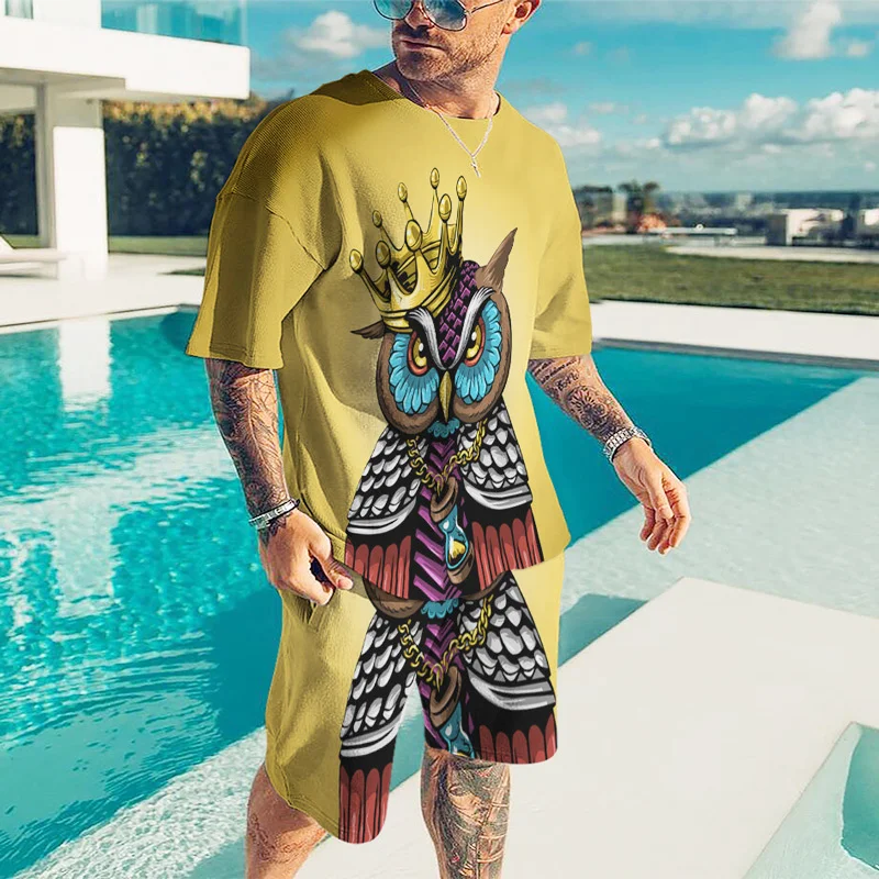 

Summer Men Sets Tracksuit Oversized Man Casual Sportswear Short Sleeve T Shirt Shorts outfits Sets Male Vintage Owl 3D Printing