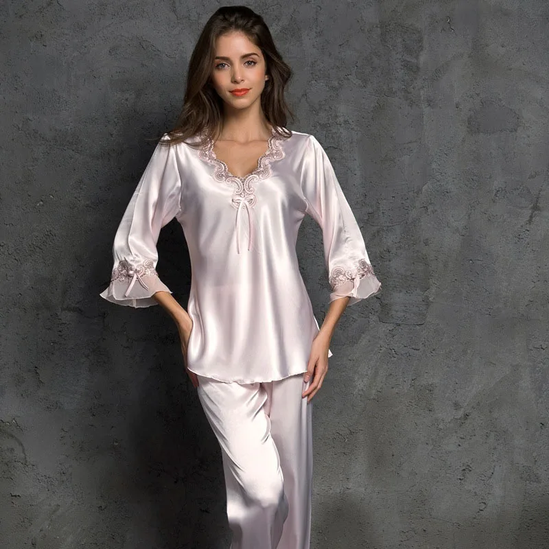 Women 2 Pieces Satin Silk Sleepwear Long Sleeve V-neck Top and Pants Pajamas Set