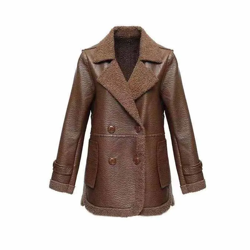 Осенне-зимнее женское бархатное теплое кожаное пальто свободное однотонная