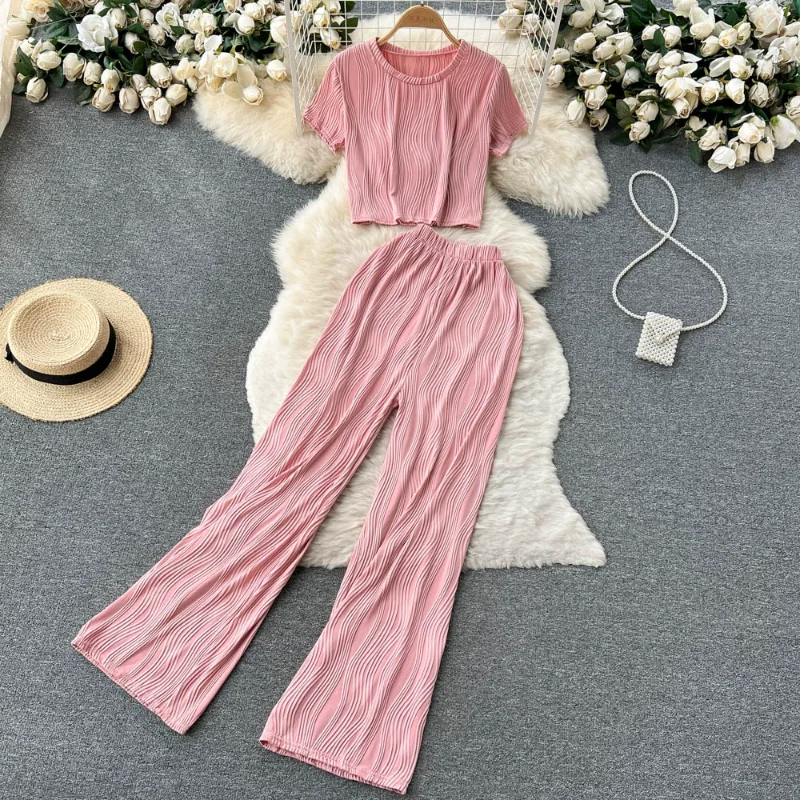 

Женский комплект из двух предметов Y2k, однотонный текстурный топ с О-образным вырезом и облегающие брюки с широкими штанинами и высокой талией, летняя мода