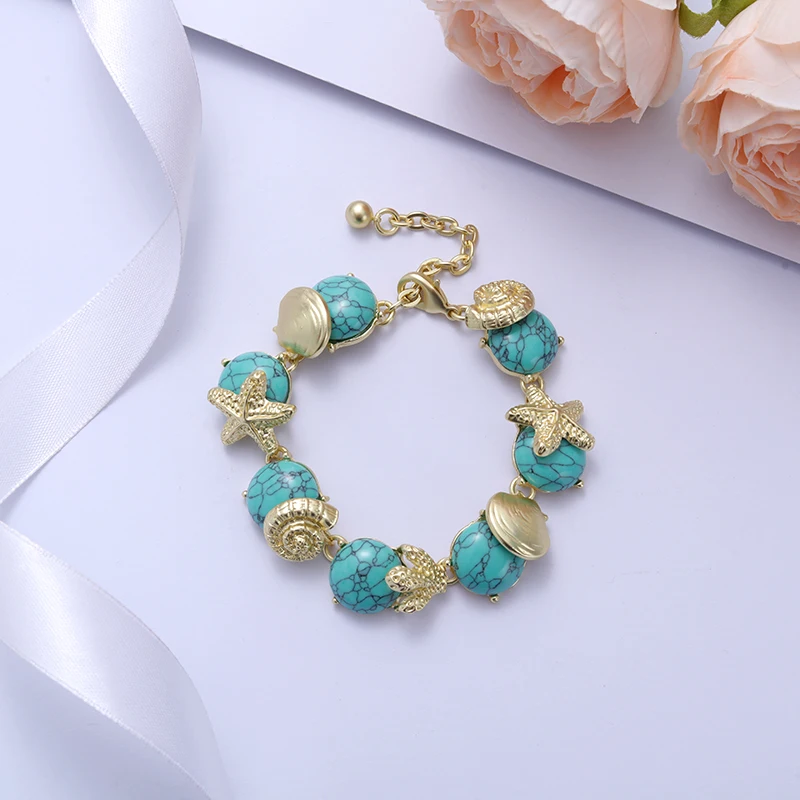 Браслет GrayBirds в романтическом стиле с морскими звездами бирюзовый и агат лучший