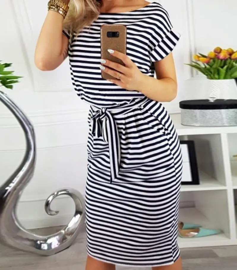 

Daily Commuter Dresses for Women 2023 Summer New Fashion Slim Fit Waist Show Thin Round Neck Stripe Belt Dress Y2K Clothing