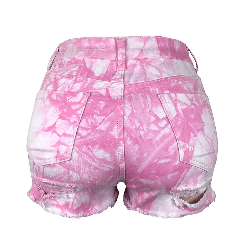Spring and Autumn Pink Tie-dye New Fashion Sexy Stretch Casual Personality Ripped Fringed Ladies Denim Shorts Women's Clothing