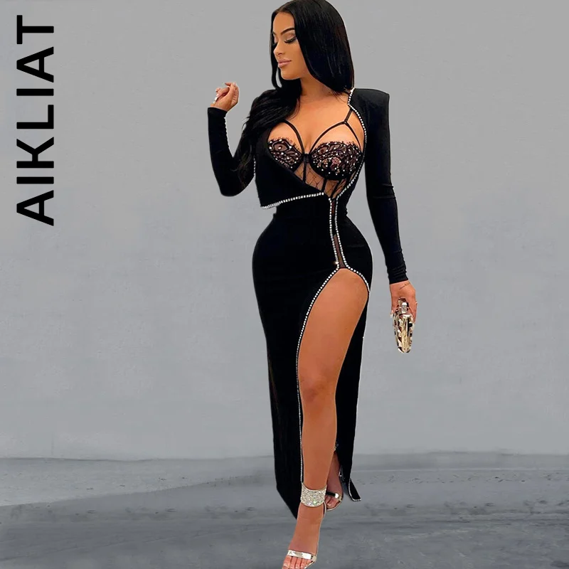

Модное Макси-платье Aikliat с длинным рукавом, сексуальное платье, простой корсет с высоким разрезом, популярные шикарные универсальные платья...