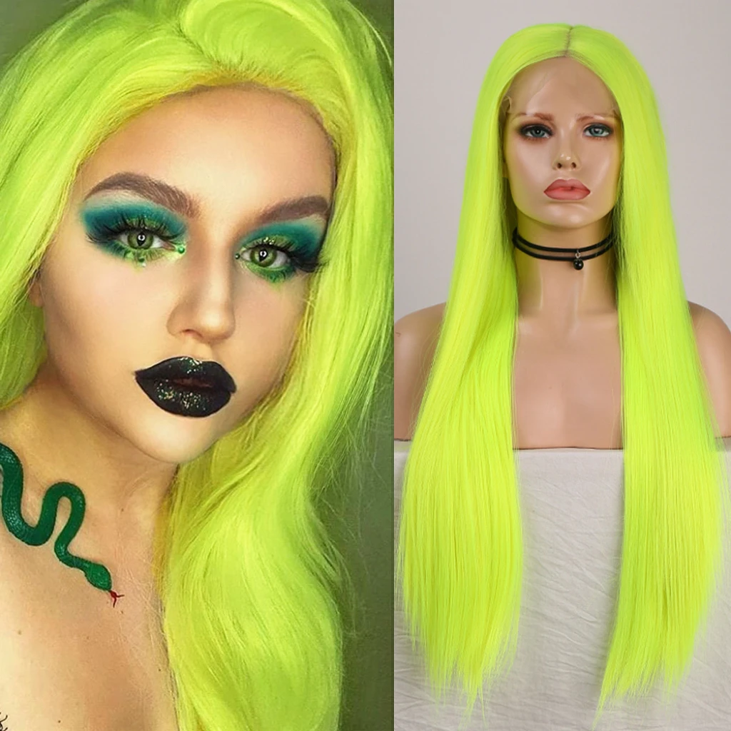 Женский Прямой Синтетический Кружевной Парик Флуоресцентный Зеленый Длинные