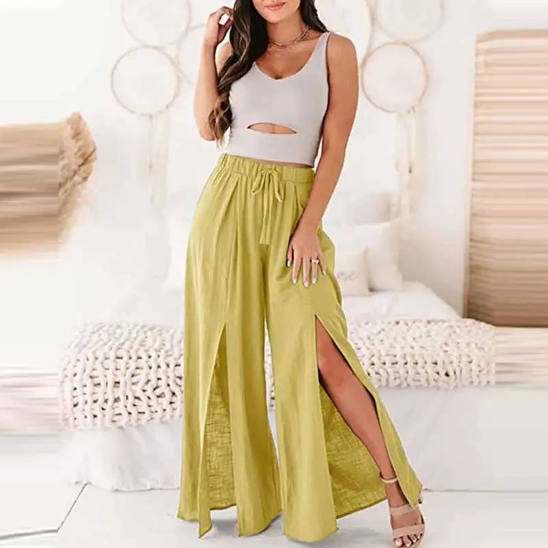 

2023 Europe And The United States Explosive Women's Bohemian Linen High-waisted Wide-leg Slit Casual Pants