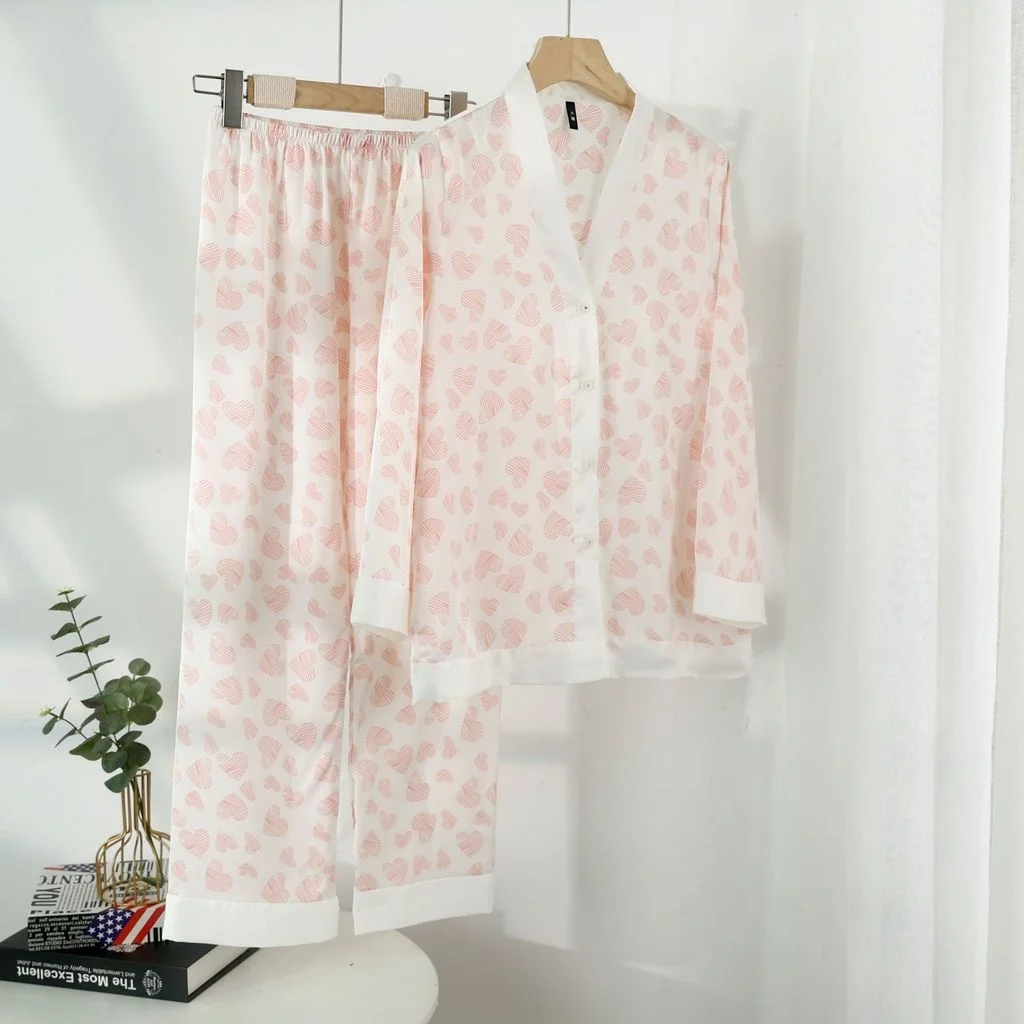 Lisacmvpnel Summer New Style Pajamas Women's Ice Silk Suit Home Clothes Print Fashion Style Suit V-neck Pyjamas