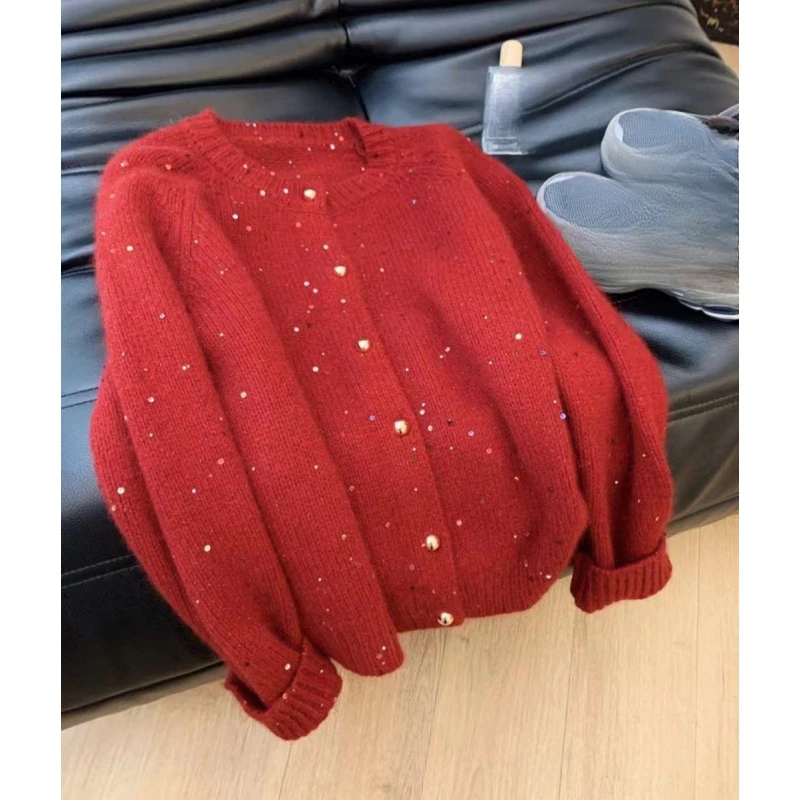 KUSAHIKI блестящий свитер с круглым вырезом кардиган для женщин осень-зима 2024 новое