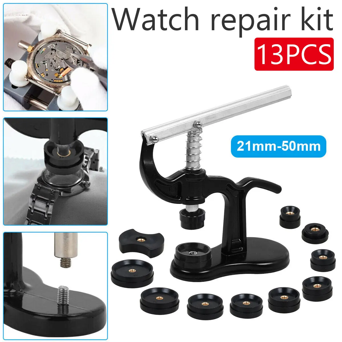 

13Pcs Watch Press Set Watch Back Case Press Watch Press Tool with 12 Moulds Professional Durable Metal Watch Case Press Set