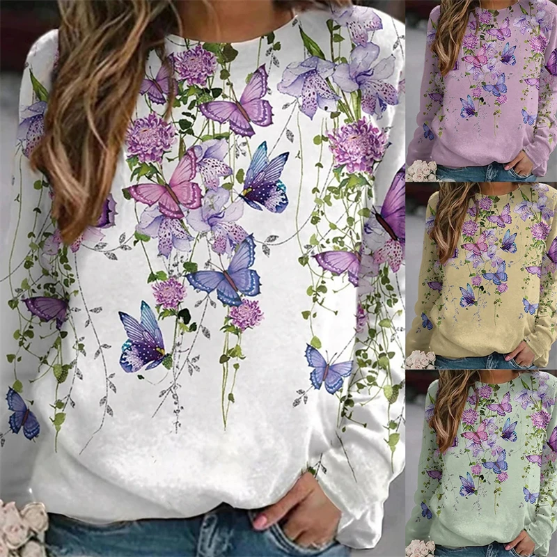 

2022 Women's Flower Print Top Loose Long-sleeved Round Neck Sweater Women's Casual Pullover All-match T-shirt Butterfly T-shirt
