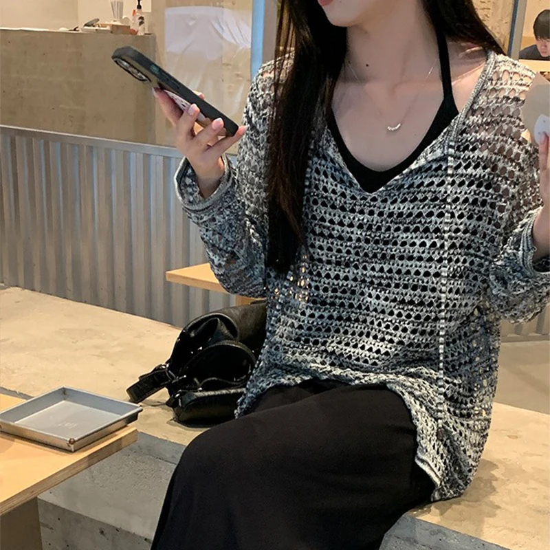 

Тонкий летний свободный дизайнерский Топ с длинным рукавом и защитой от солнца, с подтяжками в Корейском стиле, комплекты из 2 предметов, модель Y2k