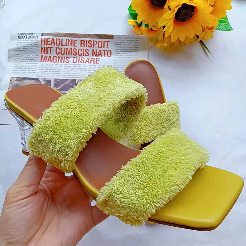 Fashion Slides Woman Shoes Sandals Slippers Crystal Heel Mid Heel Sandals Summer Soft Plush Comfortable Women's Slippers Slip On