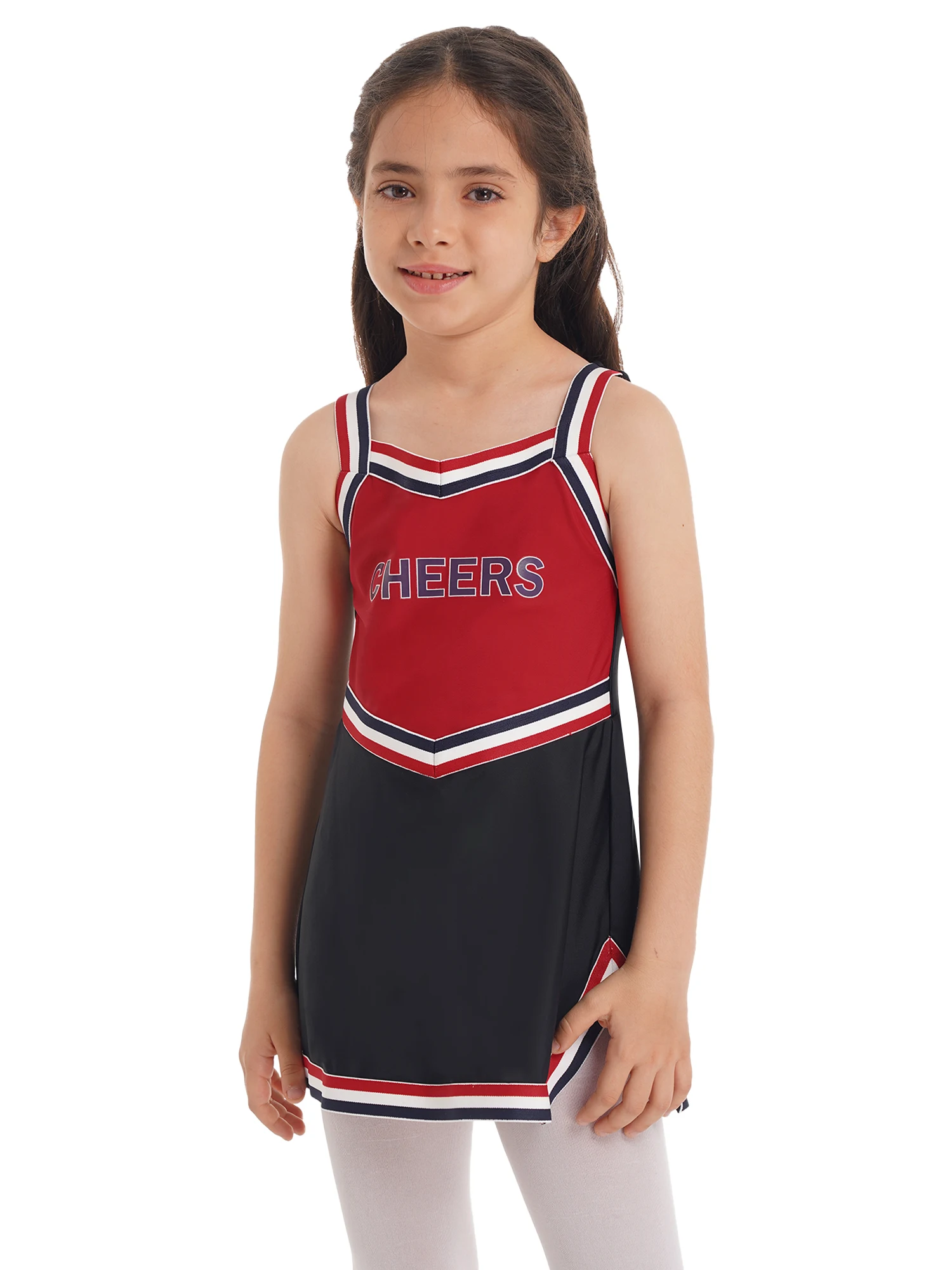

Kids Girls Cheerleader Costume Sleeveless Letters Cheers Printed High Waist Cheerleading Uniform Dress for Sports Dance Suit