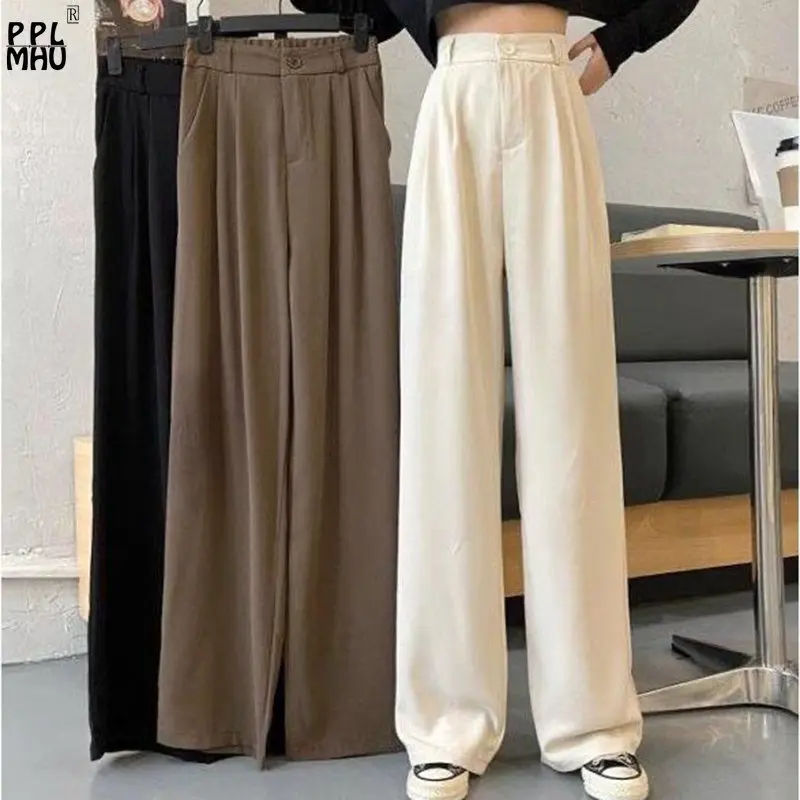 Korean Ladies Fashion Trousers Female Loose Pant Spring Women Khaki Pleated Elegant Casual Solid High Waist Wide Leg Pants