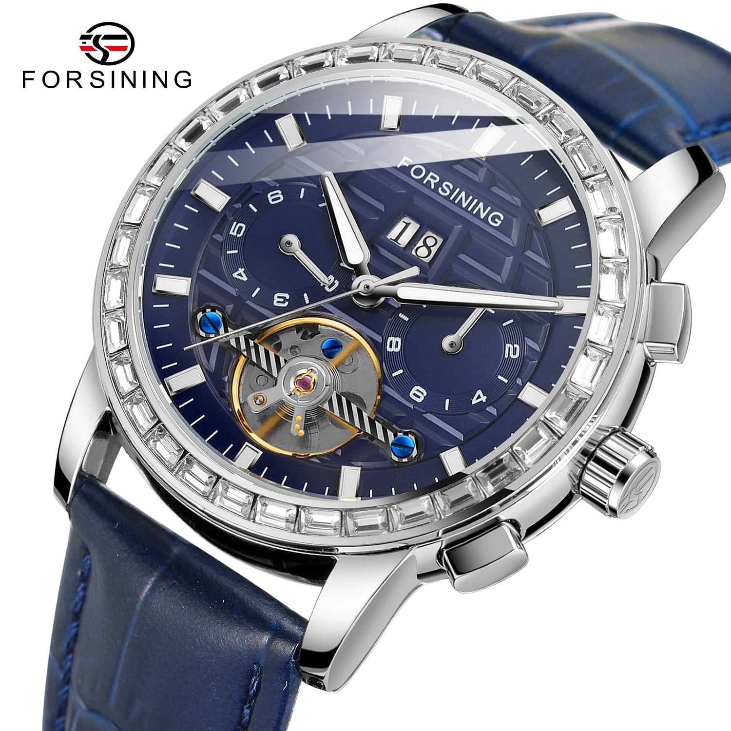 

Forsining Blue Skeleton Tourbillon Watch for Men Calendar Date Display Luxury Genuine Leather Belt Automatic Mechanical Watches