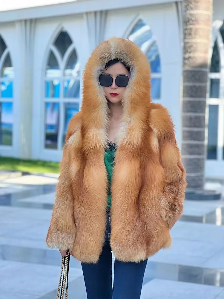 Whole leather hooded imported red blue silver fox fur young medium and long fur coat women 2022 winter can be customized