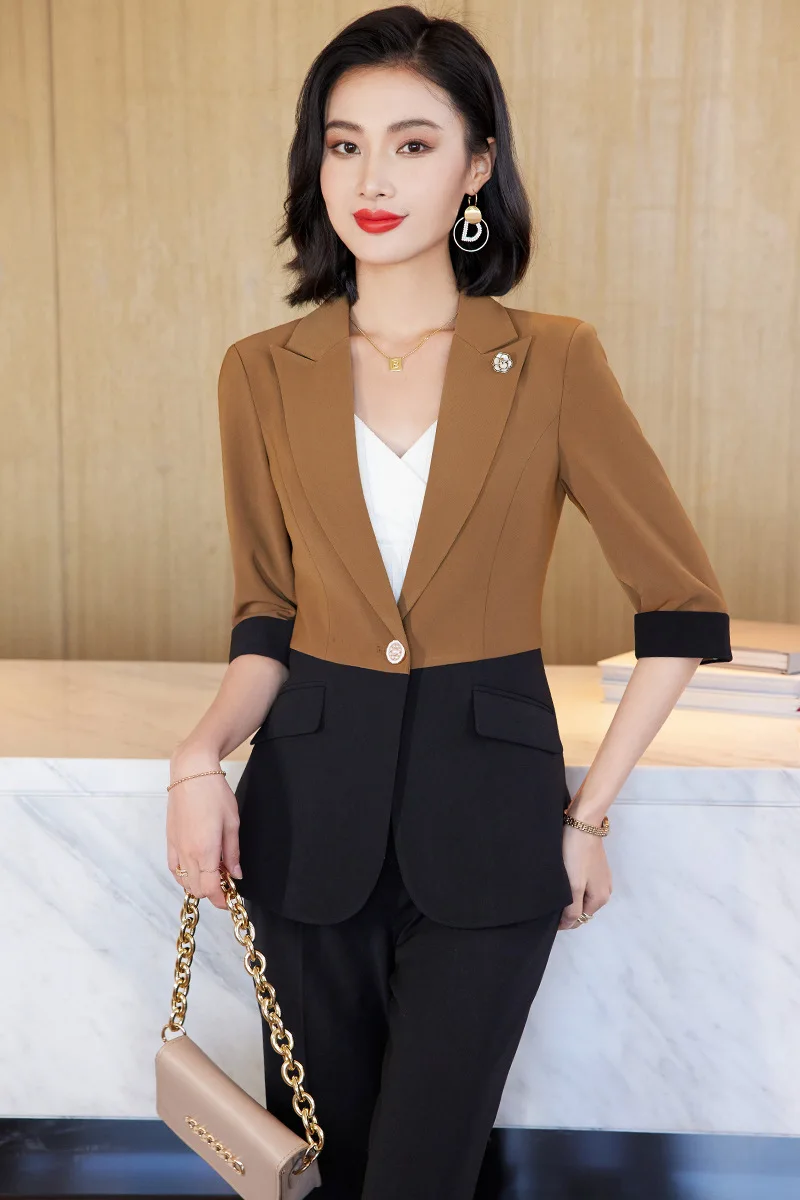 IZICFLY New Style 2023 Summer Half Blue Black Patchwork Business Suits Slim Office Blazer Pant Sets For Women Work Wear Uniform