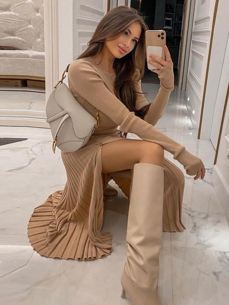 Cryptographic/однотонный сексуальный свитер укороченный топ юбка миди комплект из двух