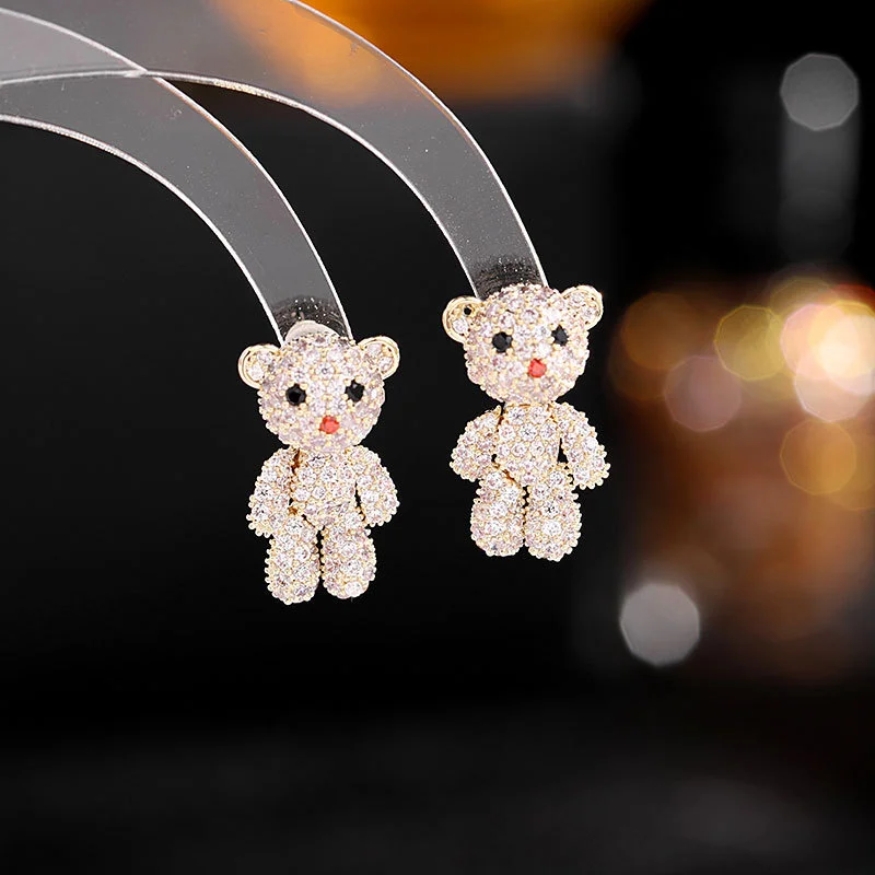 

Japan and South Korea Fresh and Simple Versatile Silver Needle Earrings Cubic Zircon Inlaid Sweet Girl Heart Cute Bear Earrings