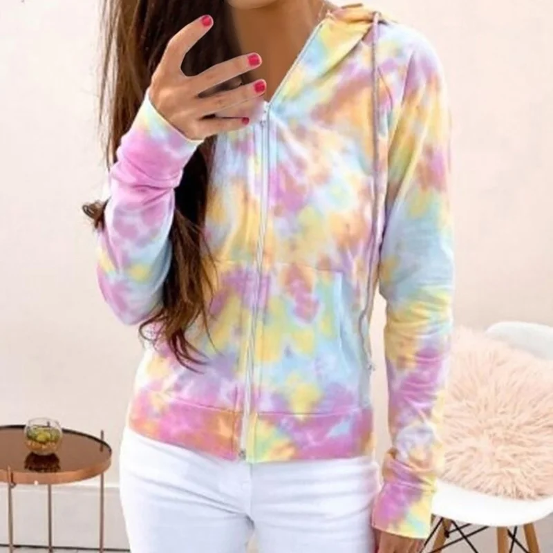 

2023 Zip Up Hoodies Elastic Jacket Summer Outdoor Turn Down Collar Pocket Casual Woman Zipper Patchwork Cotton Tie Dye Slim Top