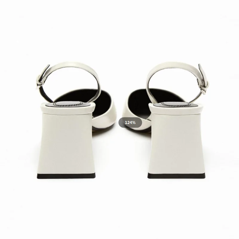 Fashion Chunky High-Heeled Sandals Womens White Shallow Mouth Belt Buckle Single Shoes Pointed Toe Sandals Office Sandales Femme