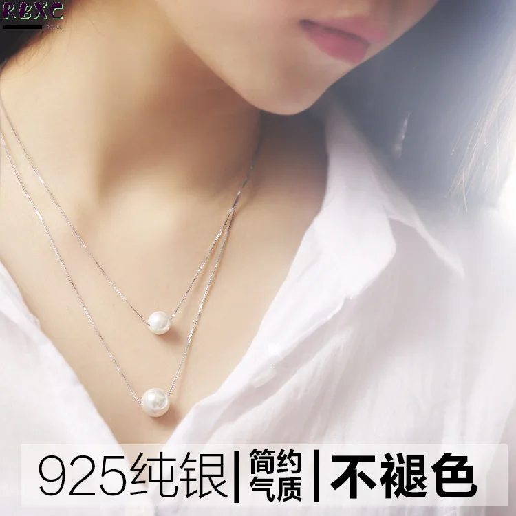 

RXBC 925 Sterling Silver Necklace women's short Korean fashion double-layer pearl collarbone Chain Sterling Silver Jewelry